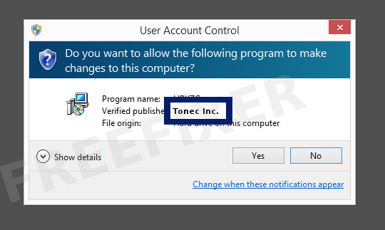 Screenshot where Tonec Inc. appears as the verified publisher in the UAC dialog